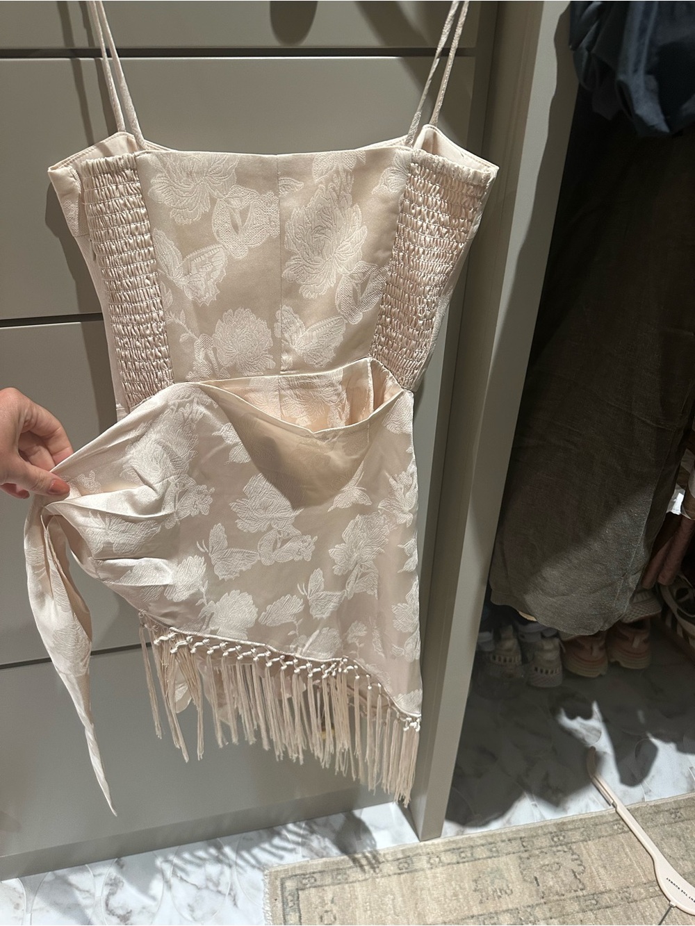 Amanda Uprichard Cream Floral Fringe Slip Dress
